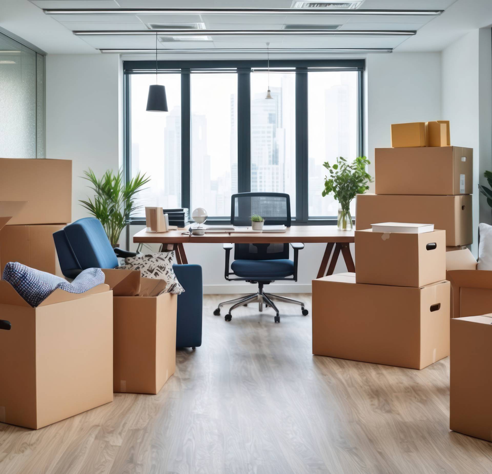 Home office packed with cardboard moving boxes